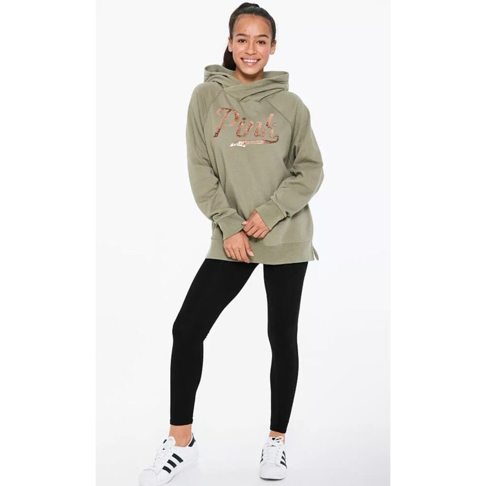 Victoria's Secret‎ Pink Women’s Hoodie Sweatshirt Spell Out Gold Logo Sequin Med